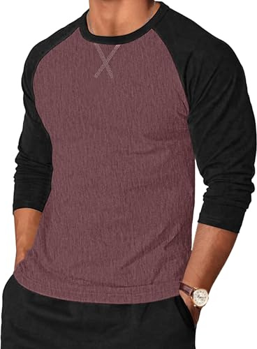 TARAINYA Langarmshirt Herren Baumwolle Rundhals Longsleeve T-Shirt Männer Patchwork mit Ausschnittnäht Rot Schwarz M