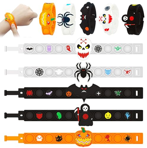Regalos Halloween Niños, 5PCS Pop it Fidget Toy Set, Pulseras Niños, Juguetes para Piñatas Antiestres, Pulsera de Silicona de Descompresión, Regalos Cumpleaños niños Colegio, Detalles Cumpleaños