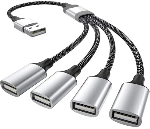USB Splitter 1 zu 4 Verteiler Y Kabel Ladekabel, 4 Port USB Splitter Kabel | USB-A 1 Stecker zu 4 Buchse Extender Hub für Strom, Verlängerungskabel für Laptop Drucker PC Tastatur Maus, Silber, 0.3M