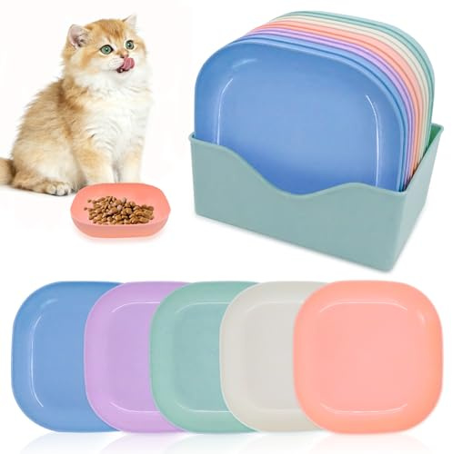 HVIHWI 10 Pcs Cat Food Bowl, Kitten Food Bowls Shallow Cat Dishes, Whisker Fatigue Free Square Shallow Cat Bowls for Wet and Dry Food, for Kittens and Short Legged Cats, Multicolor