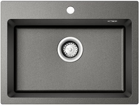 Fregadero de Cocina de Granito Cuarzo, Fregadero Rectangular de 1 Seno para Mueble desde, Cubeta de con Sifón y Escurridor Enrollable, Profundidad de 24 cm, Negro Antracita