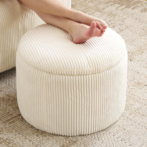 Rhevoy Modern Round Storage Ottoman with Reversible Tray Lid,Chenille Ottoman Foot Stools, Ottoman Footstool with Hidden Storage, Storage Ottoman, Multi-Functional Footrest, Corduroy Beige