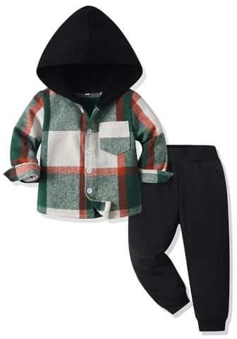 Yanmucy Klädset för baby pojkar kläder outfit 2 st bomull pläd småbarn pojke huvtröjor skjorta toppar + byxor set, Mörkgrön, 5-6 Jahre