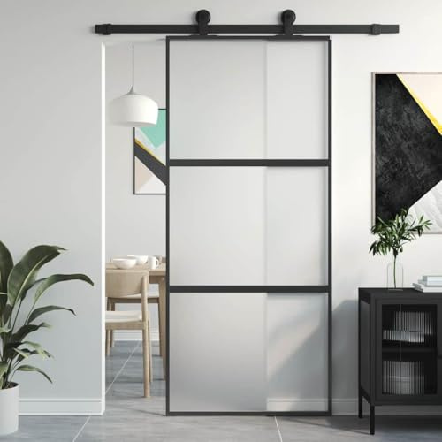 ACAGALA Porta Scorrevole in Vetro, 90x205cm, Vetro di Sicurezza ESG, Telaio in Alluminio, divisorio per Interni, Minimalista, Nero e Opaco, 2 Barre Orizzontali, (Senza Accessori)