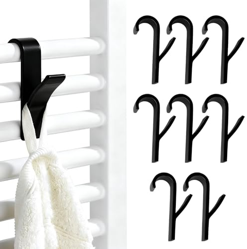 EJRUP 8 Pcs Crochet Radiateur Rond,Crochet Seche Serviette pour Radiateurs Plastique, Crochet Radiateur Seche Serviette,Patères Radiateur de Salle de Bain,Tous Les Radiateurs Standards(Noir)