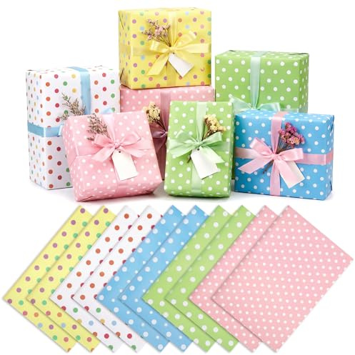 woric 10 Sheets Birthday Wrapping Paper, 50 x 70 cm Polka Dot Gift Wrap | FSC-certified Gift Wrapping Paper with Double-Sided Tape for Birthday Wedding Baby Shower Party