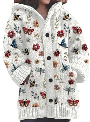 Cárdigan de Punto con Capucha Mujer, Chaqueta Larga con Botones Manga Larga, Suéter Abrigo Ligero y Suave para Primavera Otoño Invierno, Rebeca Casual de Punto, Jersey Abierto Tallas Grandes
