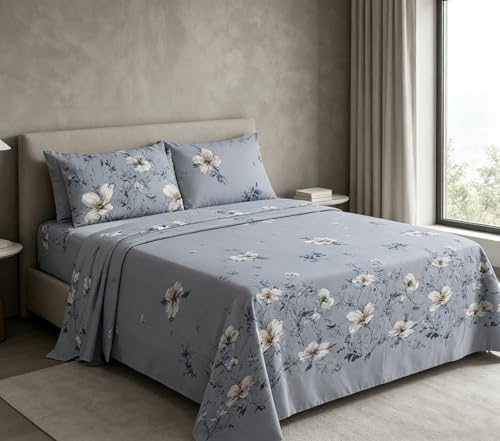 HOME ZEN HOUSEHOLD LINEN Completo Letto in Microfibra di Poliestere, Morbido e Setoso, Stampa Digitale 3D Floreale, con Lenzuolo Sotto Elastico e Federe (Dis 4, Matrimoniale)