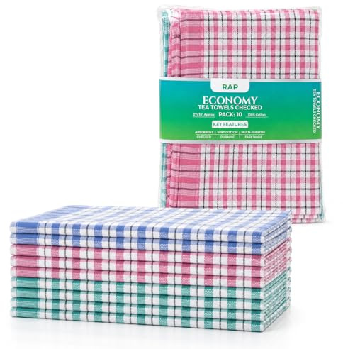 10 Cotton Tea Towels for Kitchen 27 x 18 Inch, Lint Free Dish Cloths | RAP Gloves brand. Soft absorbent cotton bar towels, glass cloths and dishcloths, machine washable