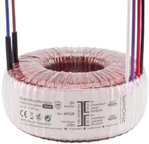 Lumonic transformateur toroïdal Transformateur 500VA 2x24V pour audio, industriels, halogènes et sur rails - 230V tension d'entrée - 48V tension secondaire - Modèle RTO-826059