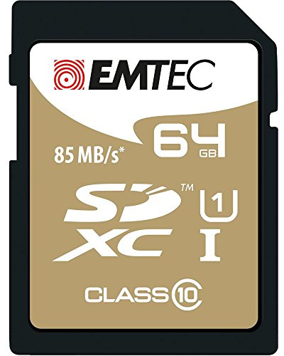 EMTEC, Carte SD 64GB UHS, Carte SD 64 Go UHS-I U1, vitesse de lecture jusqu'à 85MB/s, écriture jusqu'à 90MB/s, compatible SDHC/SDXC, idéale pour photos et vidéos, taille 64 Go, Couleur or