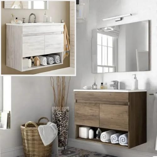 Bagno Italia Mobile bagno sospeso 80 cm Rovere Nordik con lavandino specchio arredo moderno sospeso mobili