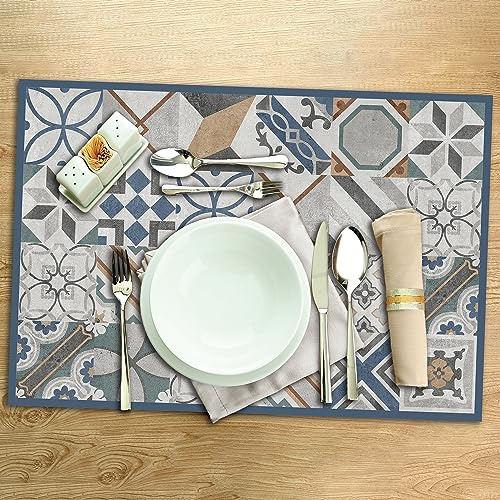 CREARREDA Tovagliette all'Americana Blue Tiles, set di 4 tovagliette colazione in PVC, 48x33 cm, antiscivolo, lavabili, resistenti allo sporco, resistenti al calore, made in italy
