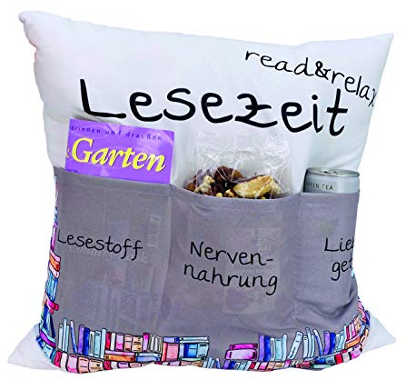 KAMACA Dekokissen mit Füllung Lesezeit mit 3 Taschen 43x43 cm Kuschelkissen für Sofaabend & Filmabend Kissen Geschenkidee für Leseratten Rentner Männer Frauen & Couchfans (Lesekissen)