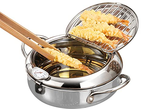 Pentola per Friggere,Friggitrice Tempura in Acciaio Inossidabile 304,Pentola friggitrice Giapponese,Coppa Olio con Termometro e Coperchio della Griglia Antigoccia