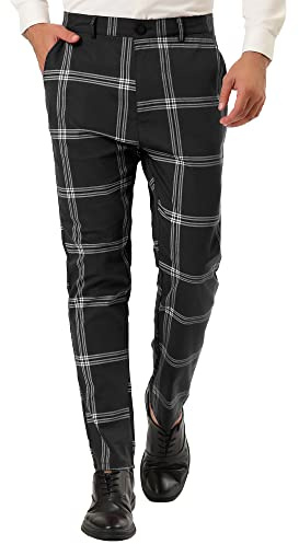 Lars Amadeus Pantalones de vestir a cuadros para hombre, casuales, ajustados, parte delantera plana, estampados, pantalones de negocios, Negro, 46