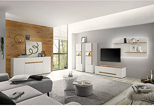 Lomadox Moderne Wohnzimmer Kombi inkl. Beleuchtung in weiß mit Absetzungen in Wotan Eiche Nb.