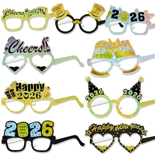 HOWAF 18 Stücke Silvester Brille 2026 Happy New Year Partybrillen Lustige Silvester Brillen Foto Requisiten für Kinder Erwachsene Silvester Deko 2026 Glücksbringer Silvester Party Neujahr Zubehör