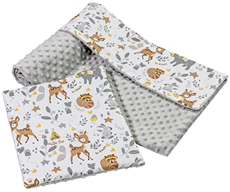 Babydecke Krabbeldecke mit Kissen 100% Baumwolle Minky Kinderdecke groß zweiseitig 75x100 + 35x30cm multifunktional für Bett Kinderwagen Medi Partners (REH mit grauem Minky)