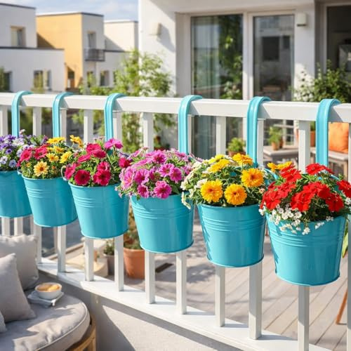 6er Set Hängetopf Metall Ø13 cm – Blumentopf Hängend mit Haken – Balkon Pflanztopf Outdoor & Indoor – Übertopf für Geländer, Zaun & Kräuter – Türkis Farben/Modernes Design