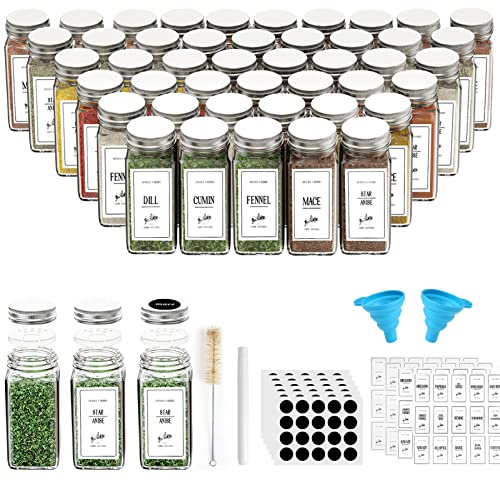 48 Glass Pack Spice Jars Seasoning Jars with Shaker Lids and 180 Labels | Airtight Spice Bottles Set Spice Containers Jars, 1 Pen, 1 Hose Brush and Funnels, 180 Labels for or all kinds of spices