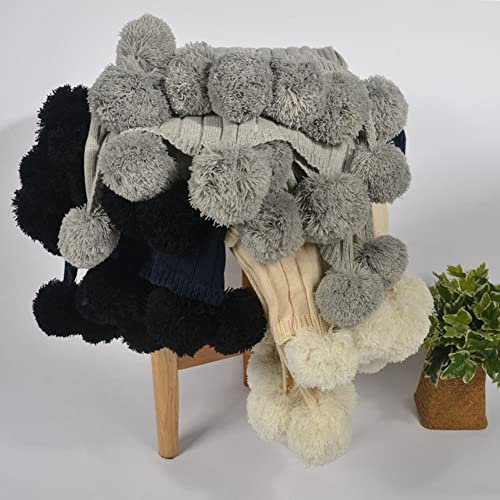 Reine Baumwolle Grobstrick Decke mit Pom Dekodecke 150x200cm Bettdecke Quaste Bälle Überwurf Decke Kuscheldecke Couchdecke