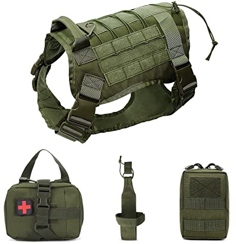ALLSOPETS Hundegeschirr mit MOLLE System Geschirr für Mittel- und Große Hunde mit Wasserflaschentasche Erste-Hilfe-Tasche und Mehrzwecktasche (Grün, XL)