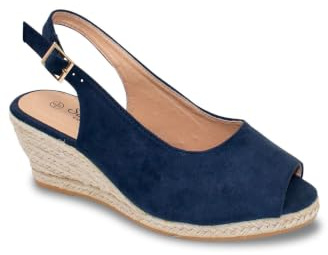 Chums Ladies Wide Fit Espadrille Sandal Mock Suede with Padded Sole, Adjustable Buckle & Medium Wedge Navy 6