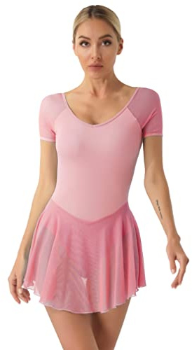 ranrann Donna Vestito da Pattinaggio Artistico con Inserti Reggiseno Rimovibile Body da Balletto Tinta Unita Bodysuit Danza Classica Spettacolo Rosa XXL