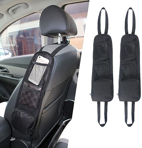 URAQT Car Organisers, 2 Pcs Car Seat Side Storage Bag with 3 Pockets, Front Seat Mesh Hanging Bag for Auto Small Items, Durable Drink Holder Storage Pockets Fit for All Vehicles