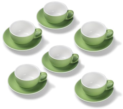Terra Home 6er Milchkaffee-Tassen Set - Grün, 350 ml, Matt, Porzellan, Dickwandig, Spülmaschinenfest, italienisches Design - Kaffee-Tassen Set mit Untertassen