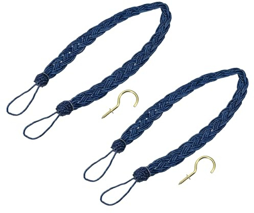 uxcell 2Pcs Curtain Tiebacks, 58cm/23 Braided Drapery Holdback Holder Decorative Rope Tie Back with 2 Metal Hooks, Navy Blue