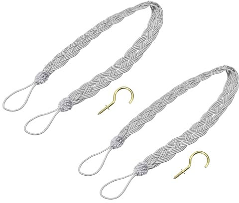 QUARKZMAN 2 Piezas de Abrazaderas para Cortinas, 58cm/23 Cordón Decorativo para Sujetar Cortinas con 2 Ganchos de Metal, Plateado