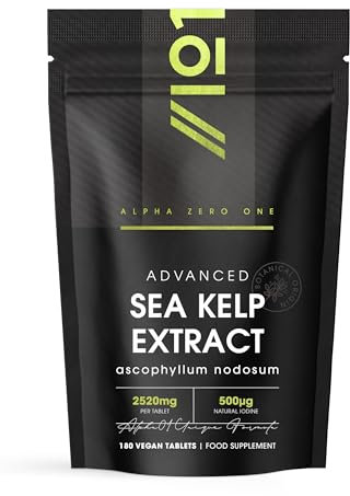 Sea Kelp Extract 2520mg Tablets - 500μg Natural Iodine - 180 Vegan Tablets (6 Months Supply) - High Strength 30:1 Ascophyllum Nodosum Extract - Resealable and Recyclable Pouch by Alpha01