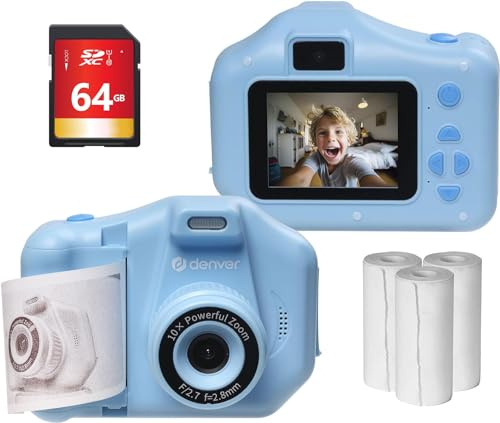 Denver Kids Sofortdruckkamera mit 150 Fotopapier, 64GB SD-Karte, 10X Zoom, 1440P HD Video, 4 Spiele, Selfie Objektiv & Cartoon Rahmen - Wiederaufladbar - Blau