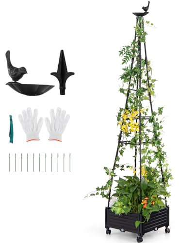 GiantexUK Raised Garden Bed with Obelisk Trellis, Rolling Garden Planter Pox with Wheels, Water Separation Net & Drainage Holes, Outdoor Elevated Flower Vegetables Herbs Climbing Plants Grow Box