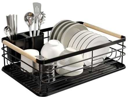 Warmiehomy Black Dish Drainer Rack Metal Draining Board Rack Dish Rack with Removable Drip Tray, Sink Drainer Rack for Kitchen with Removable Cutlery Holder Wooden Handles, Black