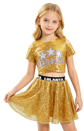 LOLANTA Tanzoutfits mit Pailletten für Mädchen, glitzernde Jazz Hip Hop Tanzkleidung, bauchfreie Oberteile mit Rock, 5–12 Jahre