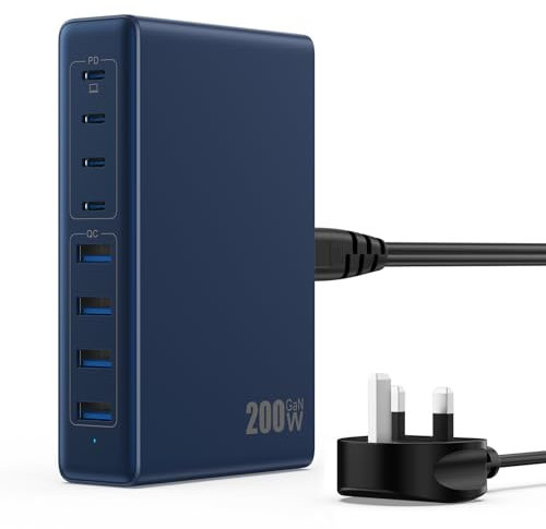 200W USB C Charger Block,GaN III 8-Ports USB C Charger,QC4.0 Fast Phone Charging Station Hub+PD 65W Laptop Charging Compatible with MacBook Pro/Air,DELL,iPhone 16 Pro/15,Galaxy S24/S23-Dark Blue