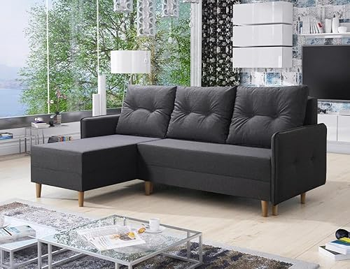 Easy4You Ecksofa FERN Dunkelgrau L-Form – 222x93x145 cm - Schlafsofa mit Bettkasten und Schlaffunktion - Eckcouch mit Stauraum und Holzfüße, Kissen – Stoff Lux 06