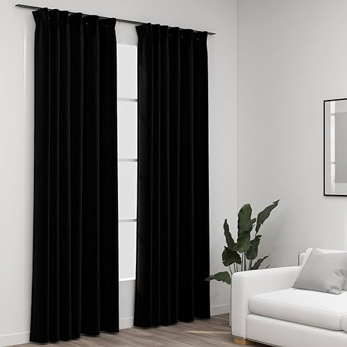 Sufrk Cortinas Opacas con Ganchos Look de Lino 2 pzas Negro Cortina para Riel Cortinas para Riel con Ganchos 140x225cm