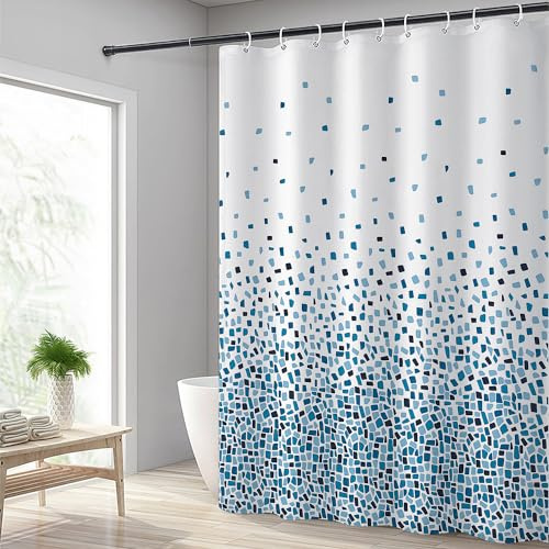 Hoomtaook Duschvorhang 180x180cm Blau Mosaik, Wasserdicht Textil Polyester Waschbar mit 12 Haken und Gewicht Unten
