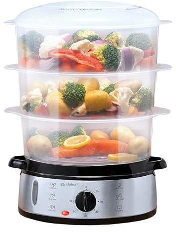 alpina Vaporera Cocinar Vapor - Vaporera Eléctrica 800W - Vaporera Sin BPA con 3 Capas - Apta para Lavavajillas - Cocción al Vapor Hasta 60 Minutos - 9L de Capacidad - Gris