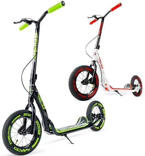 Large Kick Scooter for Adults, Teens & Kids 8-12 with Kickstand – 12 Air-Filled Tires, Wide Deck, Lightweight Steel Frame – Madd Gear Metro Glide 300 (Black Green)