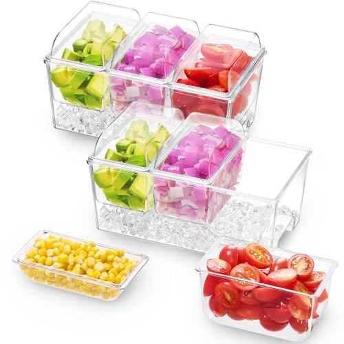 Lifewit Isbehållare Condiment Caddy med 3 Behållare, Serveringsbricka med Lock, Serveringsbricka med Avtagbara Tallrikar Snackbox för Salladsbar, Frukt, Pizza, Bufféer, Festtillbehör, 2 Förpackningar