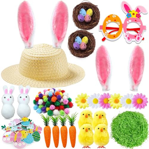 Chennyfun Easter Decorations Easter Bonnet Kit - DIY Easter Bundle Kit Make Your Own Easter Bonnet Hat with Hat, Rabbit Ear, Carrots, Glasses, Chicks for Children's Easter Craft Supplies Decorations