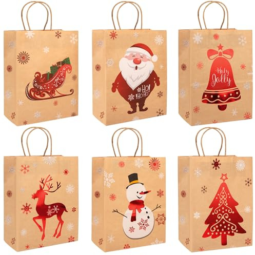 Yesaler Weihnachten Geschenktüten Kraftpapier Geschenktaschen mit Henkel für Weihnachtsgeschenke Partygeschenke 6 Stile 24 Stück