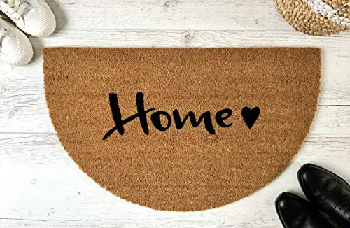 Hallo Heimat Home Herz Kokos-Fußmatte halbrund | Schmutzfangmatte | Fußabtreter | Türvorleger | Teppich | 45 x 75 cm | mit Spruch | Geschenk | Hochzeit | Geburtstag | Einzug | Weihnachten