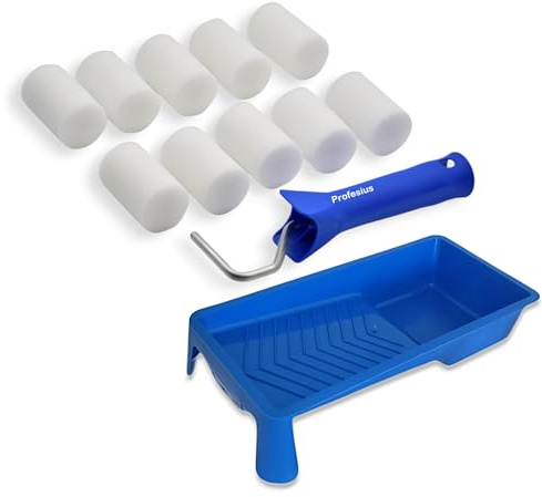 Profesius Lackierwalzen Set 12 tlg. -10 Schaumstoffrollen 5cm inkl. Lackierwanne und Malerbügel, Farbroller- und Farbwannen Set