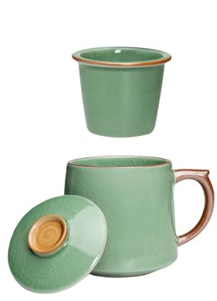 HAFTOLYR Taza de Té de Cerámica con Infusor y Tapa, Filtro Extraíble, 400 ml, Brillante y Colorida para Té, Café y Otras Bebidas (Verde Claro)